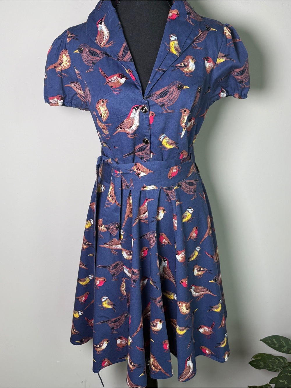 Belle Poque Navy Songbird Print Retro Fit & Flare Dress Cottagecore Pinup M
